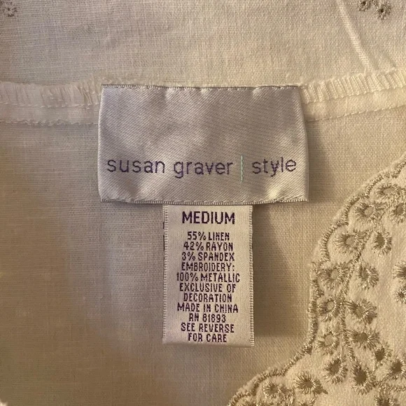 SUSAN GRAVER STYLE White Silver Metallic Eyelet Jacket Blazer Linen Blend Medium - Picture 3 of 8